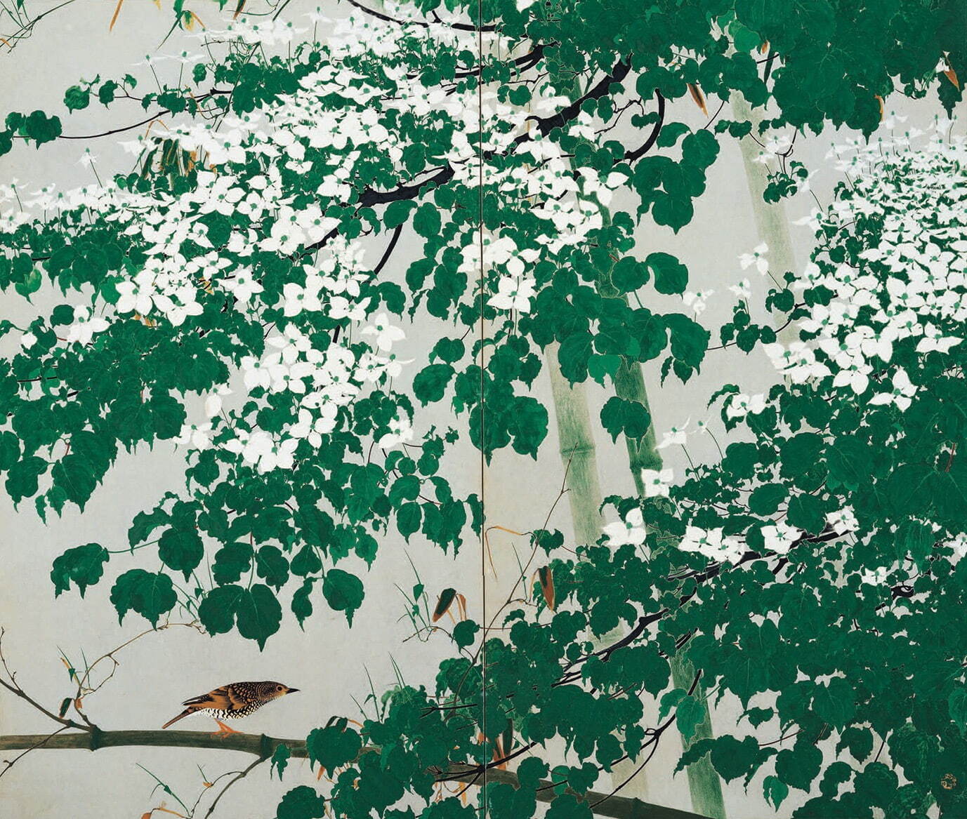 田中一村 《白い花》 昭和22年(1947年)9月 紙本金砂子地着色 2曲1隻 田中一村記念美術館蔵
©2024 Hiroshi Niiyama