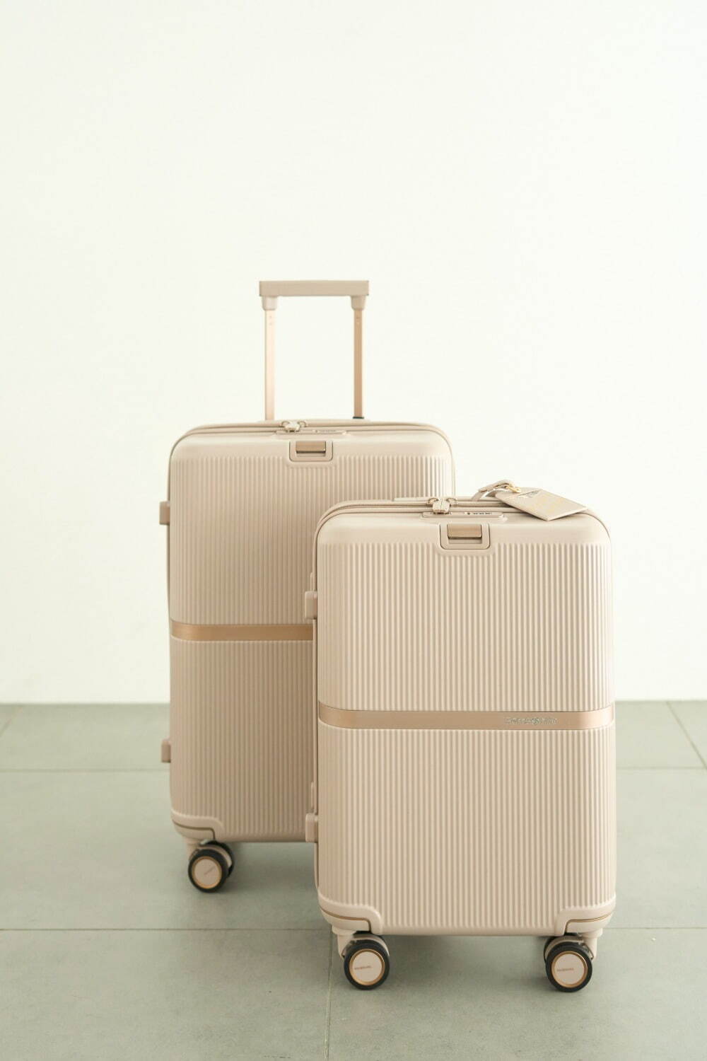 スナイデル×サムソナイトのスーツケース、“トワルドジュイ柄”の内装＆ピンクベージュカラーで｜写真1