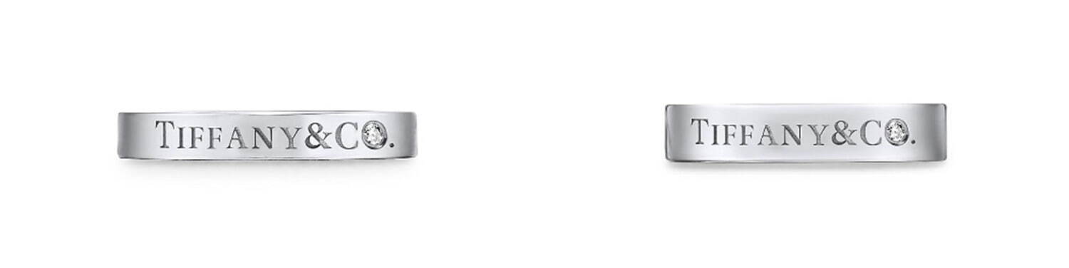 (左から)バンドリング 3mm プラチナ、ダイヤモンド(0.01ct) 280,500円、バンドリング 4mm プラチナ、ダイヤモンド(0.01ct) 368,500円