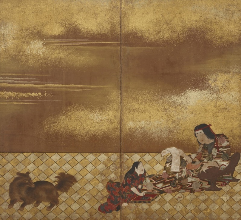 《洋犬・遊女図屛風》
17世紀 江戸時代 紙本・彩色 個人蔵