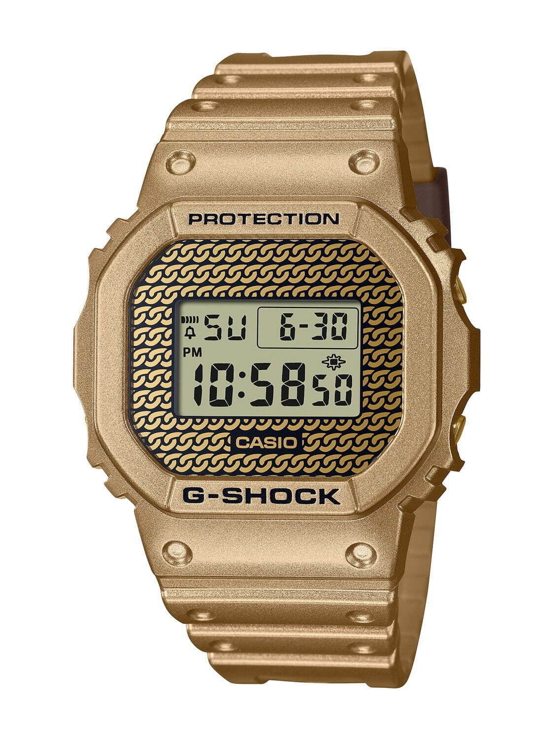 G-SHOCK“チェーンモチーフ”文字板のゴールド腕時計、付け替え可能なクリアバンド＆ベゼル付属｜写真10