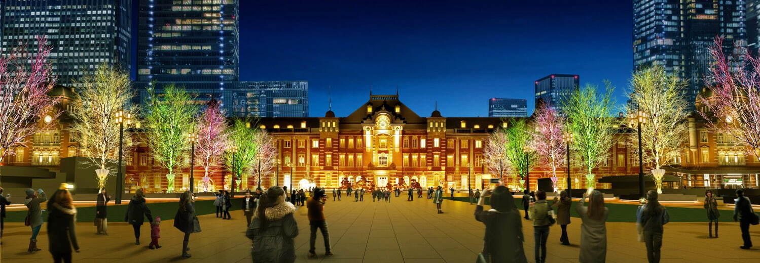 東京駅丸の内中央広場から東京駅丸の内駅舎を見たライトアップイメージ
